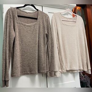 WHAT A DEAL! 
2-Ribbed Long-Sleeve Scoop Neck Shirt - Taupe&Cream.